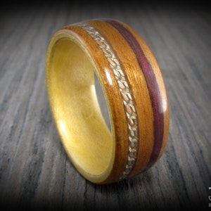 Cherry Bentwood Ring with Maple Liner and has Purpleheart and Twist Chain Inlay. Bentwood Ring, Wedding, Anniversary, Christmas, Birthday