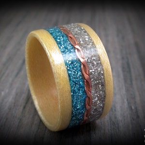 Bentwood Maple Ring with Blue and Silver German Glass and Twisted Copper Wire Inlay. Captivating & durable wood ring made for everyday wear.