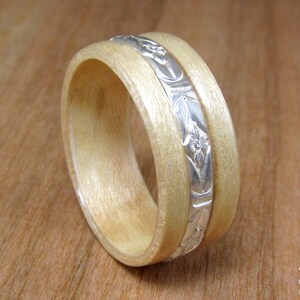Maple Wood Bentwood Ring with 2.8mm Sterling Silver Ornate Band Inlay- Wedding-Engagement or Anniversary -  Steamed Durable Wood Ring