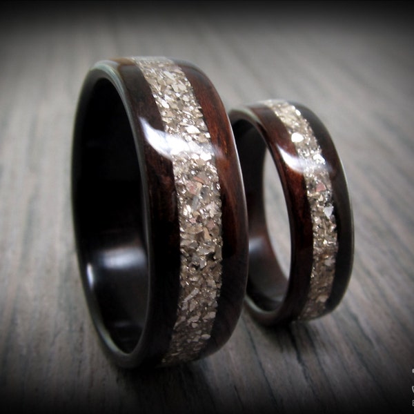 Wedding Ring, Custom Handmade Ring-Bentwood Ring-Macassar Ebony Ring Set with German Silver Glass, Wood ring for Man, Wood ring for Woman