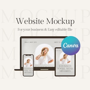 May include: A website mockup featuring a laptop, tablet, and smartphone, showcasing a website design. The image includes the text "Website Mockup" and "For your business & Easy editable file". A Canva logo is also present.