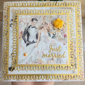 Carte de félicitations Mariage bohème chic élégante "Just Married" - Vive les mariés - Carte de vœux faite main - Avec enveloppe