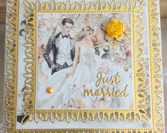 Carte de félicitations Mariage bohème chic élégante "Just Married" - Vive les mariés - Carte de vœux faite main - Avec enveloppe