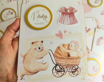 Cartes étapes bébé pour fille - 12 cartes photo personnalisées - Souvenirs artisanaux - Cadeau de naissance - Collection Baby World