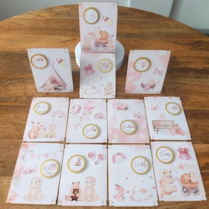 Mijlpaalkaarten voor babymeisjes, mijn eerste jaar, in papier, om de eerste maanden van de baby vast te leggen, Baby World-versie