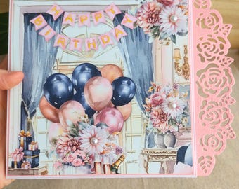 Carte d’anniversaire "Happy Birthday" – Fleurs et Ballons – Carte fait main personnalisée – Invitation, Félicitations – Carte femme festive