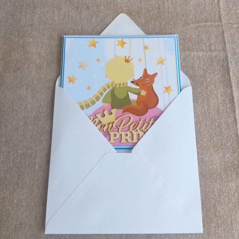 Carte Naissance, Anniversaire, Félicitations – Petit Prince et renard personnalisée – Fait main – Cadeau enfant original – Avec enveloppe image 3