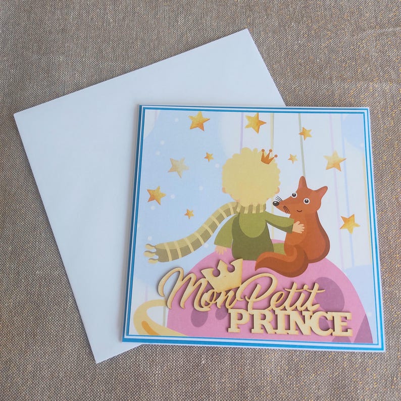 Carte Naissance, Anniversaire, Félicitations – Petit Prince et renard personnalisée – Fait main – Cadeau enfant original – Avec enveloppe image 2