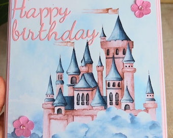 Carte Château Magique personnalisée – Fait main – Anniversaire, Invitation – Cadeau fille original – Cadeau enfant – Avec enveloppe blanche