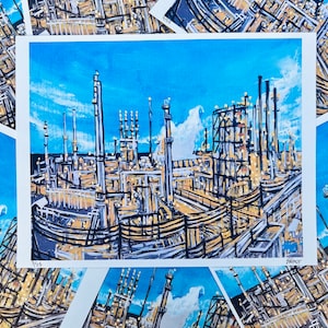 May include: A colorful painting of an industrial complex with tall smokestacks and a blue sky. The painting is done in a stylized, almost abstract style, with bold lines and bright colors. The painting is signed "H.L.Cox" in the bottom right corner.