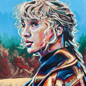 May include: A colorful painting of a woman with blonde hair, wearing a blue and orange jacket. The background is a blue sky with green and red brushstrokes.