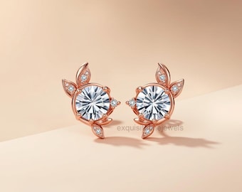 Rose Gold Moissanite Leaf Earrings: 14K Gold PlatedFloral Studs
