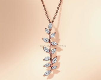 Moissanite Leaf Necklace: Rose Gold Vine Pendant, Nature Inspired