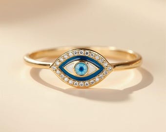 Dainty Evil Eye Ring: 14K Gold Plated, Moissanite & Enamel