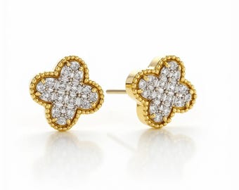 925 Sterling Silver Round Cut Gold Clover Stud Earrings with Pave Diamond Cluster and Beaded Edge