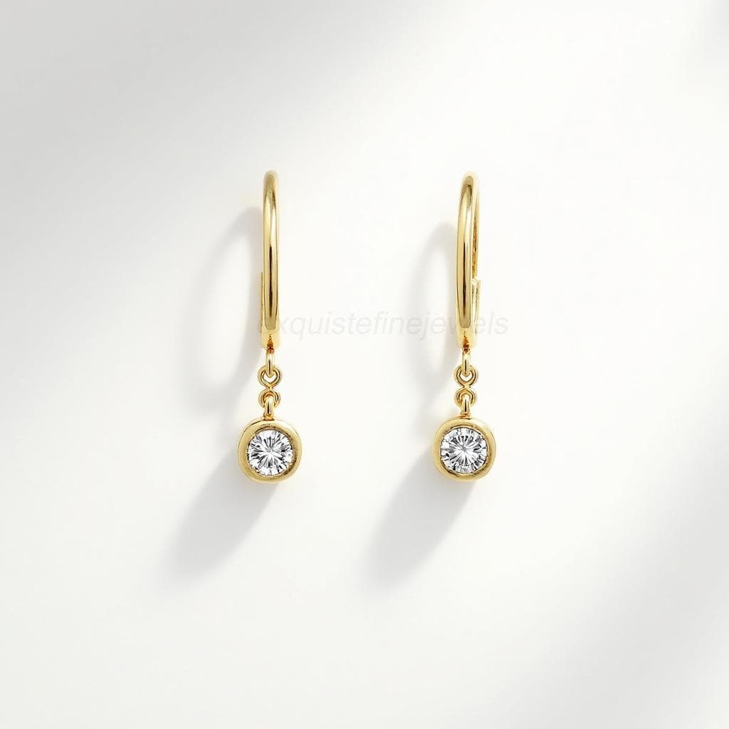 Drop Dangle Earrings with Chain-Dangling Bezel Set 14k Yellow Gold Over Round Cut Moissanite Silver Earrings