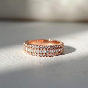 Baguette & Round Moissanite Ring: 14K Rose Gold Plated Sterling Silver Wedding Band
