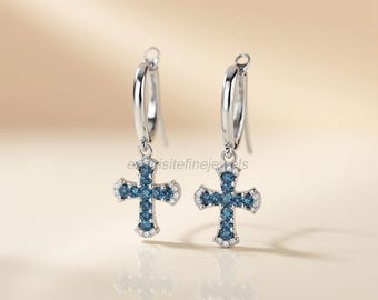 Sapphire Cross Earrings | Cross Earrings Women | 14k White Gold Cross Earrings | Perfect Gift Idea | Baptism Gift | September Birthstones