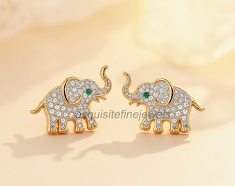Elephant Stud Earrings, 14K Gold Stud Elephant Earrings, Unique Moissanite Elephant Animal Earring, Elephant Earring for Lobe, Gift for her