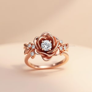 Moissanite Rose Engagement Ring: Rose Gold Sterling Silver Floral Design