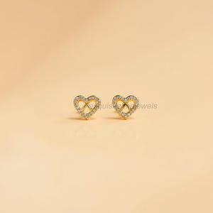 14K Gold Pave Diamond Heart Stud Earrings: Dainty Fine Jewelry