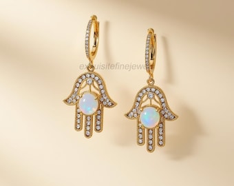 14K Gold Hamsa Earrings with Opal & Diamond Accents, Dainty Dangle Hamsa Hand Jewelry, Protection Charm Earrings, Gift for Her, Mother&#39;s Day