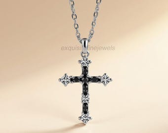 Black & White Moissanite Cross Necklace: Sterling Silver Christian Pendant