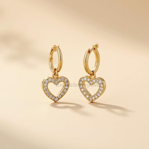 Gold Open Heart Dangle Earrings: Pave CZ Huggie Hoops