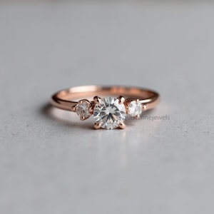 Moissanite Three Stone Engagement Ring: 14K Rose Gold Past Present Future