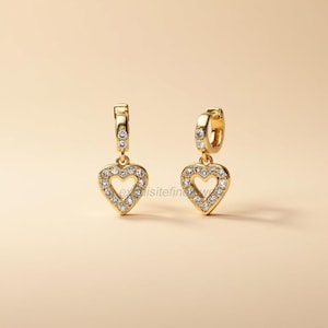 Gold Open Heart Dangle Earrings: Pave CZ Diamond Huggie Hoops
