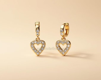 Delicate Open Heart Charm Earrings, Unique Diamond Earrings, Heart Dangle Earrings, Gift for Girlfriend, Handmade Earrings