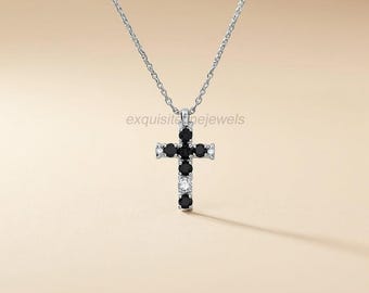 Black & White Diamond Cross Pendant: Sterling Silver Christian Necklace