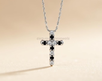 Black Moissanite Diamond Cross Pendant: Sterling Silver Christian Necklace