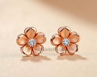 Diamond Floral Earrings, Flower Stud Earrings, Dainty Blossom Earrings, Minimalist Botanical Jewelry, Nature Inspired Gift for Her