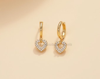 Small Heart Diamond Dangle Earrings, 14k Yellow Gold Heart Jewelry, Moissanite Charm Heart Earrings, Valentines Day Gift, Anniversary Gift