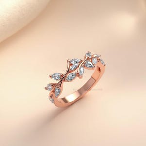 Rose Gold Leaf Moissanite Ring: Sterling Silver Vine Wedding Band