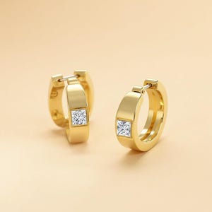 Princess Cut Moissanite Huggie Hoop Earrings: 14K Gold Plated Sterling Silver