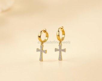 Minimalist Cross Earrings, Dainty Religious Jewelry, 14k Yellow Gold Huggie Hoops, Christian Gift for Her, Delicate Charm Cross Earrings