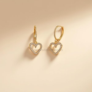 14k Gold Pave Heart Dangle Earrings: Minimalist CZ Huggie Hoops