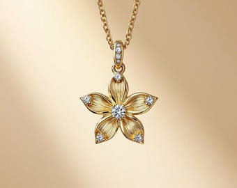 Moissanite Plumeria Necklace: 14K Gold Plated Hawaiian Flower Pendant