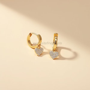 Gold Pave Heart Huggie Earrings: CZ Diamond Dangles