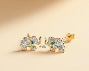 Diamond and Emerald Elephant Jewelry, 14K Gold Elephant Stud Earrings, Dainty Animal Studs, Lucky Charm Earrings, Animal Lover Gift