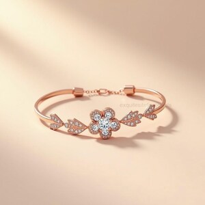 Moissanite Floral Bangle Bracelet: Rose Gold Plated Sterling Silver