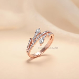Moissanite Bypass Ring: Rose Gold Vine, Marquise & Pave
