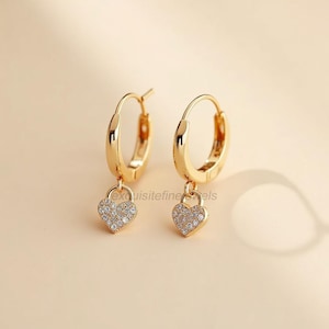 Gold Pave Heart Dangle Earrings: CZ Diamond Huggie Hoops
