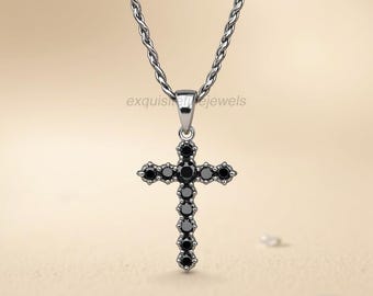 Black Diamond Cross Necklace: Sterling Silver Christian Pendant