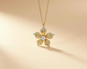 Moissanite Plumeria Necklace: 14K Gold Plated Hawaiian Flower Pendant