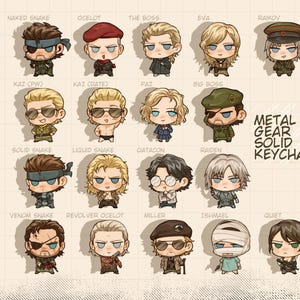 Puede incluir: Una colección de ilustraciones de personajes de estilo chibi de la serie Metal Gear Solid. Cada personaje se representa con rasgos y atuendos únicos, incluyendo a Naked Snake, Ocelot y Big Boss. El texto "METAL GEAR SOLID KEYCHAIN" también es visible.