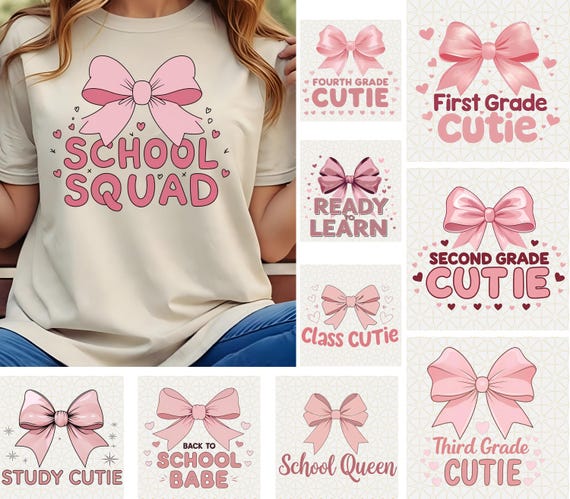 10 Back to School PNG SVG Bundle, First Day of School Shirt Design, Girly Pink Bow Sublimation, Happy First Day of School SVG Bundle