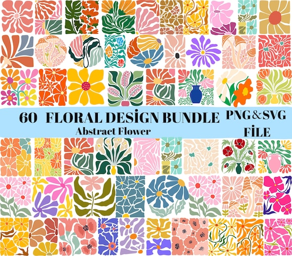 Abstract Flower Svg & Png Bundle, 60 Floral Svg Bundle, Svg Clip Art, Retro Flower Svg, Boho Flower Svg, Groovy Flower Svg Danish Flower Svg